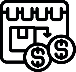 Sticker - Icon depicting a calendar with a box inside and an arrow pointing to two dollar coins, representing scheduled delivery costs for online shopping