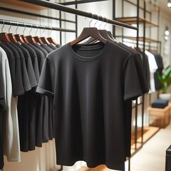 Black t-shirts is displayed on a hanger in modern retail, clothing stores, shop. T-shirt mockup template with copy space for logo and text generative ai	