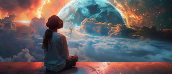 Wall Mural - A woman is sitting on a ledge looking out at a planet