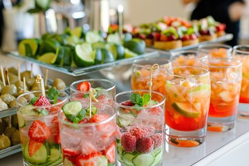 Wall Mural - Variety of mixed drinks with ice, fruit, and festive decorations.