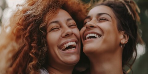 Poster - A couple of young women friends laughing and taking a selfie together outdoors.