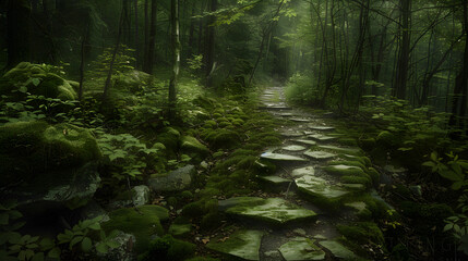 Wall Mural - A forest path is shown with moss and rocks