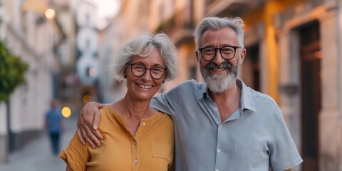 Sticker - An elderly couple walking together in a city, symbolizing love, health and the joy of companionship.