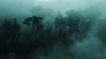 Wall Mural - A dense forest with a thick fog covering the trees