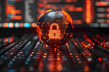 Global cyber security concept with digital closed pad lock, earth planet globe and binary code on modern laptop background, double exposure 