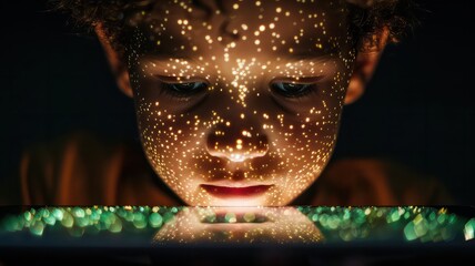 A close-up of a student's face illuminated by the screen of a tablet displaying an interactive educational program