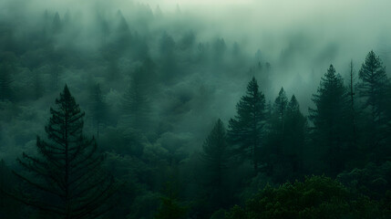 Wall Mural - A dense forest with a thick fog covering the trees