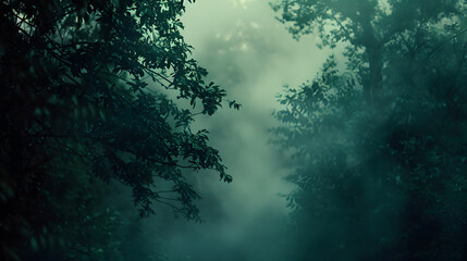Wall Mural - A dense forest with a thick fog covering the trees