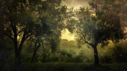 Wall Mural - A moon is shining on two trees in the dark
