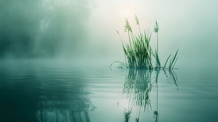 A calm lake with green plants and trees in the background