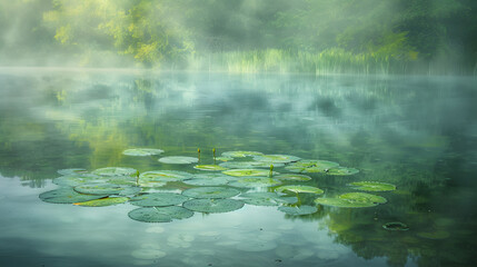 Wall Mural - A pond with a lot of lily pads and a few trees in the background