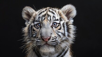 Sticker - A baby tiger is looking at the camera with its eyes wide open. The image is black and white, and the tiger is the main focus of the photo