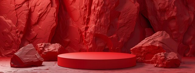 Wall Mural - Red Podium for Product Presentation in Minimalist Style