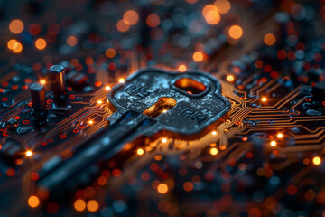 Key symbol on the electronic circuit. Cyber security concept.  