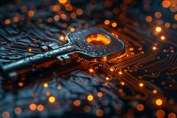 Key symbol on the electronic circuit. Cyber security concept.  