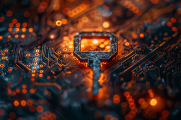 Key symbol on the electronic circuit. Cyber security concept.  