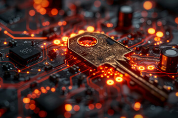 Key symbol on the electronic circuit. Cyber security concept.  