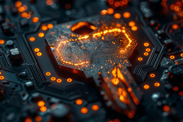 Key symbol on the electronic circuit. Cyber security concept.  