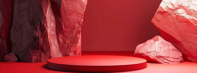 Wall Mural - red podium for product presentation in minimalist style
