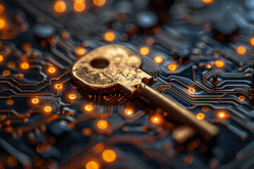 Key symbol on the electronic circuit. Cyber security concept.  