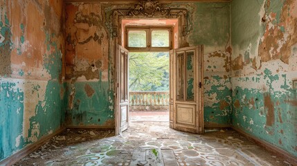 Wall Mural - A room with a green wall and a window. The door is open and the room is empty