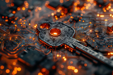 Key symbol on the electronic circuit. Cyber security concept.  
