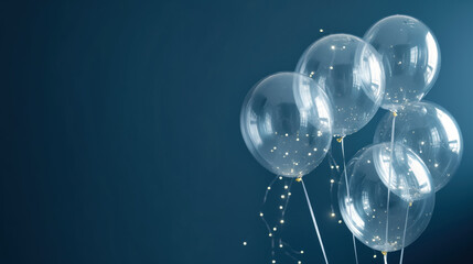 Wall Mural - transparent balloons with twinkling lights inside on a dark blue background, copy space for text 