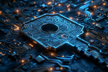Key in blue technology background. Digital security and data protection concept.  