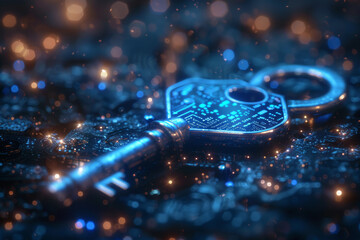 Key in blue technology background. Digital security and data protection concept.  