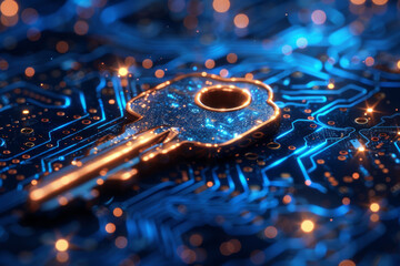 Key in blue technology background. Digital security and data protection concept.  