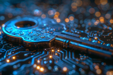 Key in blue technology background. Digital security and data protection concept.  