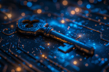 Key in blue technology background. Digital security and data protection concept.  