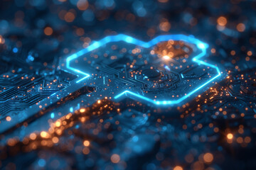 Key in blue technology background. Digital security and data protection concept.  