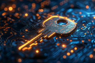 Key in blue technology background. Digital security and data protection concept.  