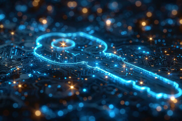Key in blue technology background. Digital security and data protection concept.  