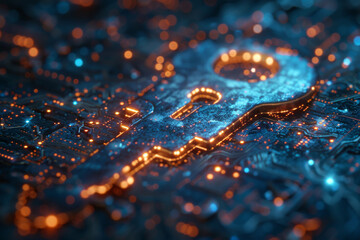 Key in blue technology background. Digital security and data protection concept.  