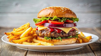 Poster - Close-up of a delicious burger and fries meal on a white plate, burger, fries, fast food, meal, lunch, American food, tasty