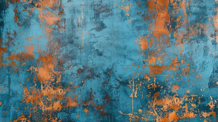 Poster - Textured rusty metal with scratches cracks traces of paint in blue and dirty orange with space for copying