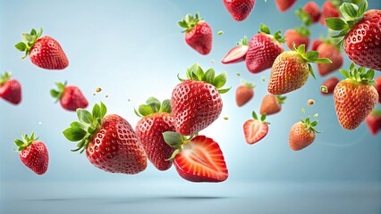 Sticker - Strawberries flying isolated on background, strawberries, flying, isolated,background, red, fruit, fresh, organic, healthy