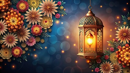 Sticker - Elaborate Eid Mubarak card with floral fusion and Arabic lantern glow, Eid, Mubarak, card, floral, beauty, Arabic