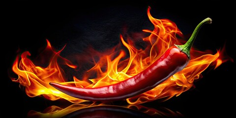 Wall Mural - Red chili pepper surrounded by fiery flames on a black background, representing spicy and hot spices , red chili pepper, spicy