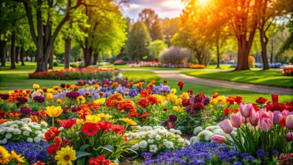 Wall Mural - Colorful flowers blooming in a vibrant park setting, blossoms, petals, garden, nature, beauty, floral, colorful, vibrant, park