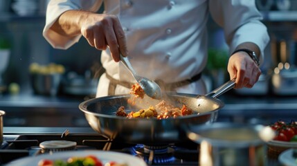 Closeup professional chef in uniform cooking food in hotel restaurant. AI generated