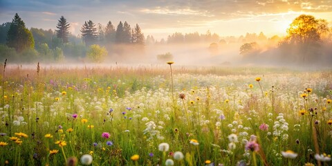 Sticker - Soft, dreamy scene of mist-covered meadow with wildflowers swaying, serene, ethereal, peaceful, nature, landscape, misty, meadow