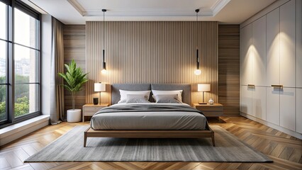 Wall Mural - Modern minimalistic bedroom with a bed, two lamps on nightstands, and a window , modern, minimalistic, bedroom, bed, lamps