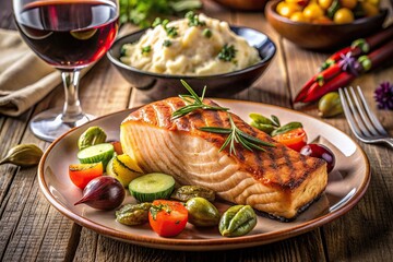 Wall Mural - Delicious gourmet meal featuring grilled salmon, roasted vegetables, and garlic mashed potatoes, paired with a glass of rich red wine, on a stylish table setting.