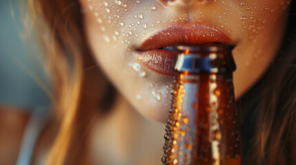 Wall Mural - A woman is drinking a beer and her lips are wet