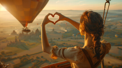 Wall Mural - A woman is flying in a hot air balloon and making a heart shape with her hands