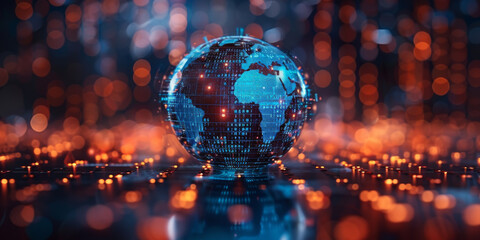 Global cyber security concept with digital closed pad lock, earth planet globe and binary code on modern laptop background, double exposure 