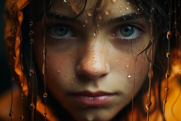 Sticker - a close up of a young girl with rain drops on her face